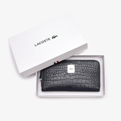 Women's Lacoste Amelia Large Zippered Embossed Leather Purse - Black