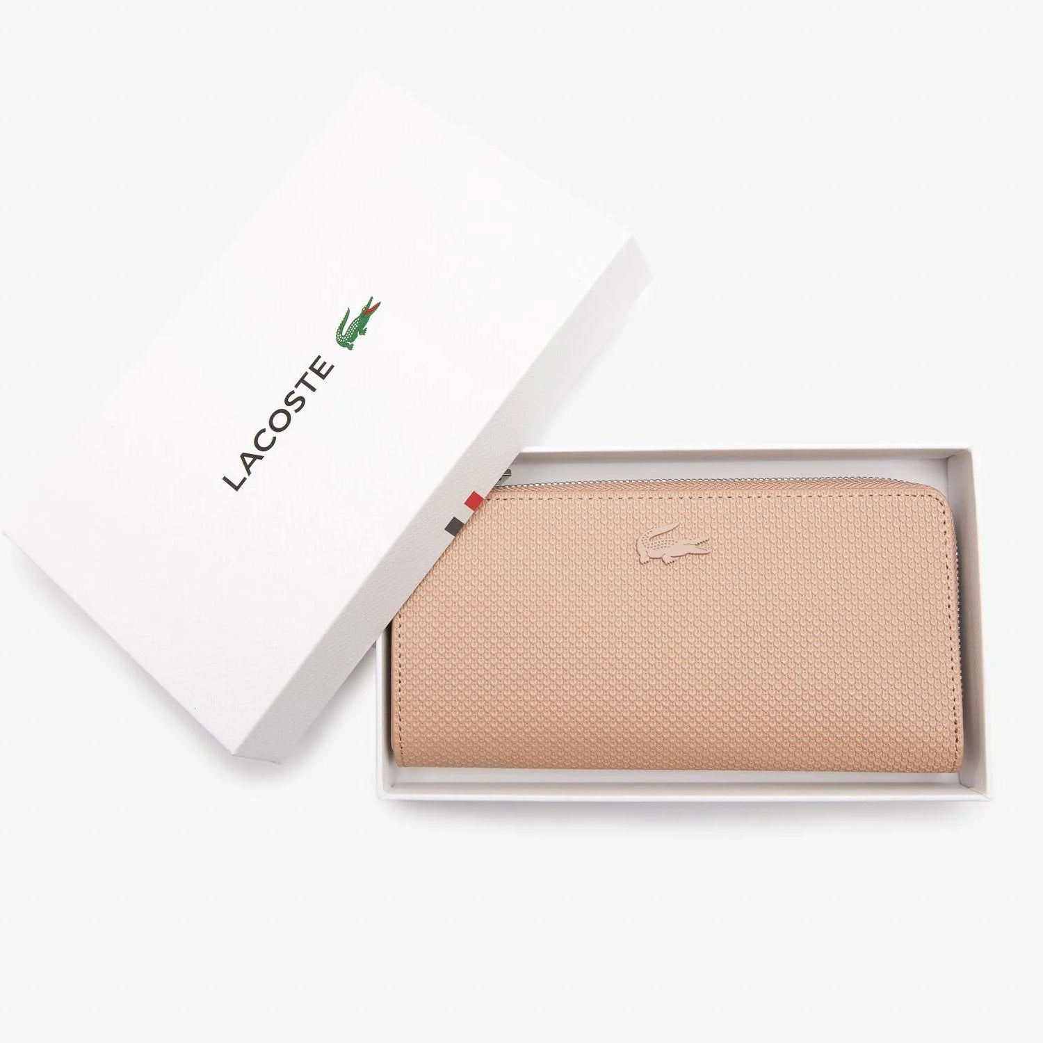 Women's Lacoste Amelia Large Zippered Embossed Leather Purse - Peach